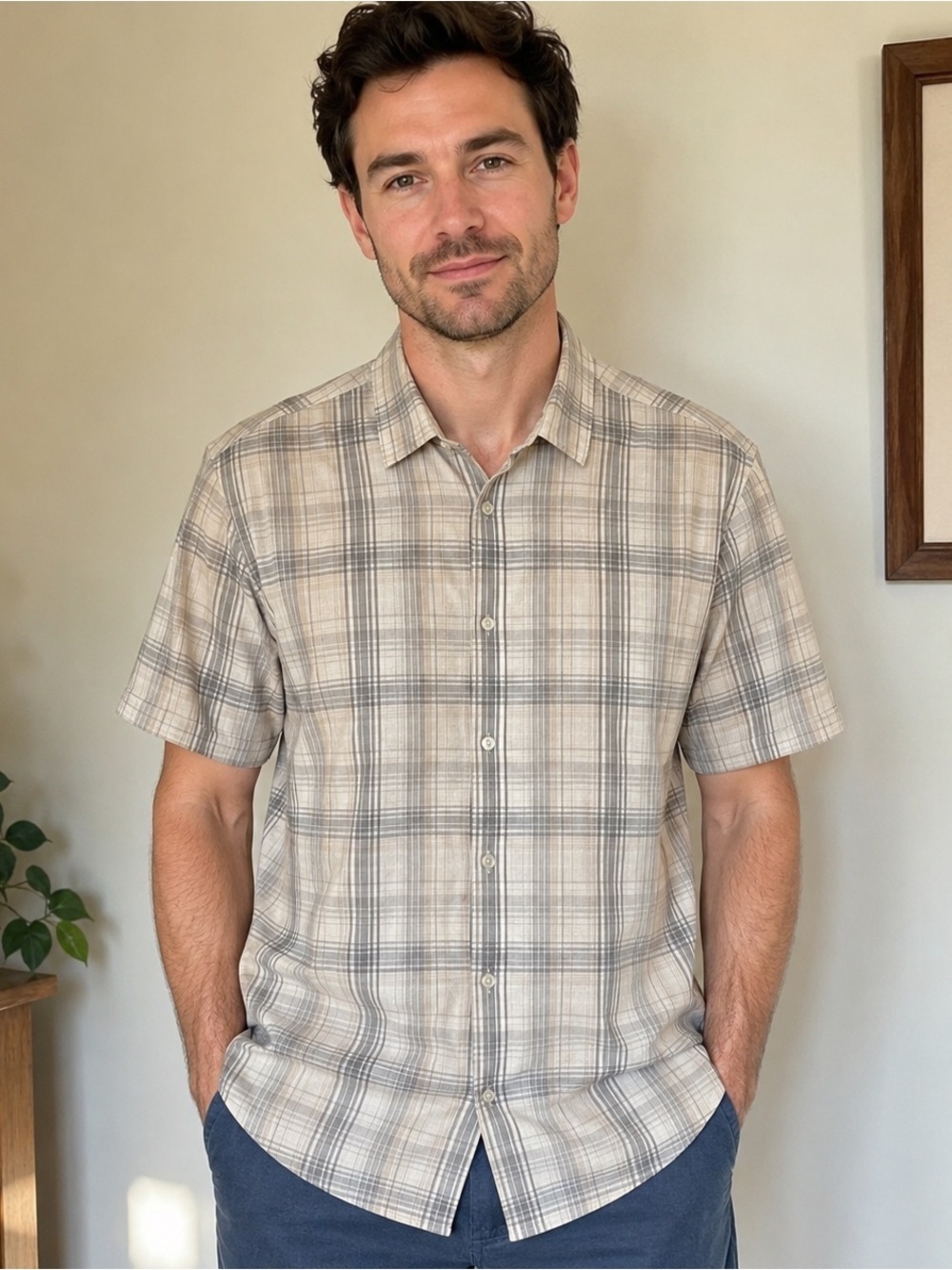Alfani Gray and Light Orange Plaid Casual Shirt